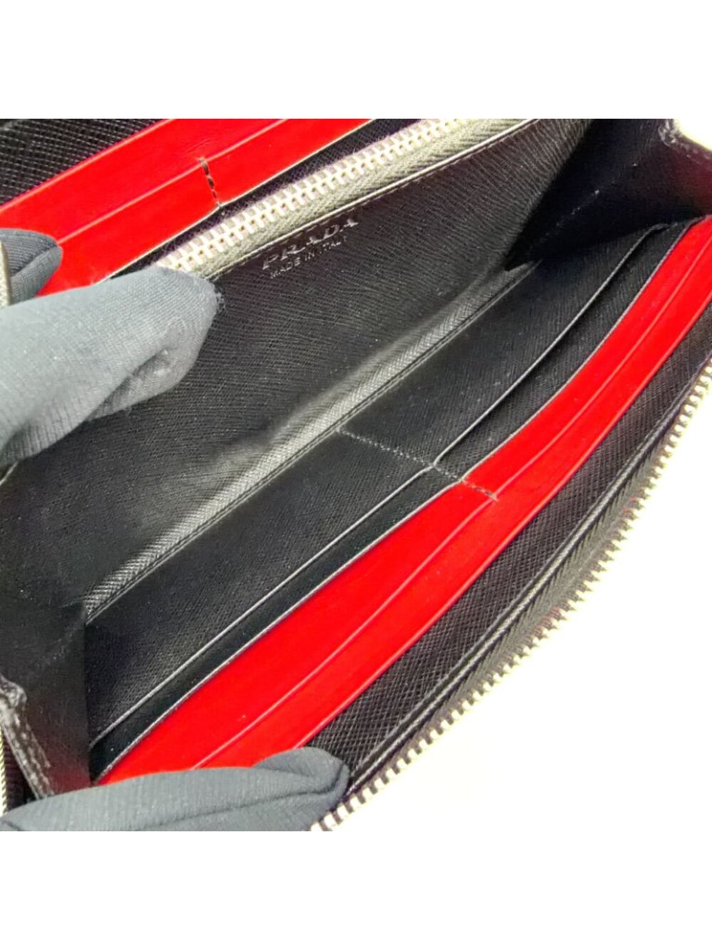 Prada Zip Around Leather Black Wallet Silver - Picture 7 of 14